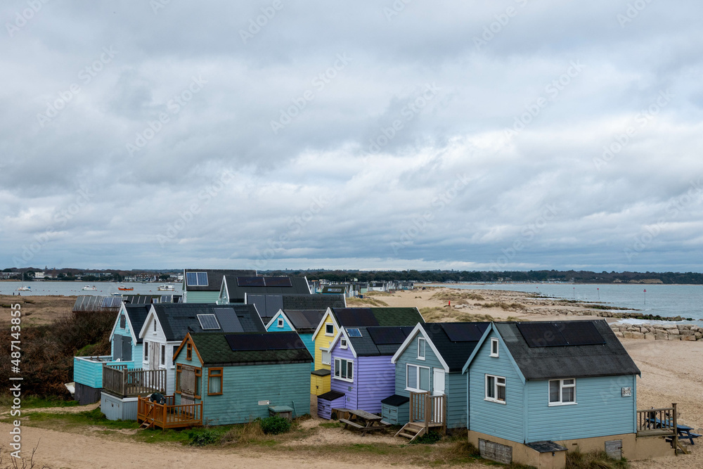 beach huts on Mudeford Spit England on a winter day beach huts on Mudeford Spit England on a winter day