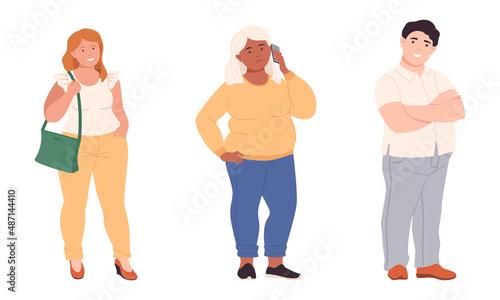 Man and Woman Character with Corpulent Body Standing Full Length Vector Illustration Set