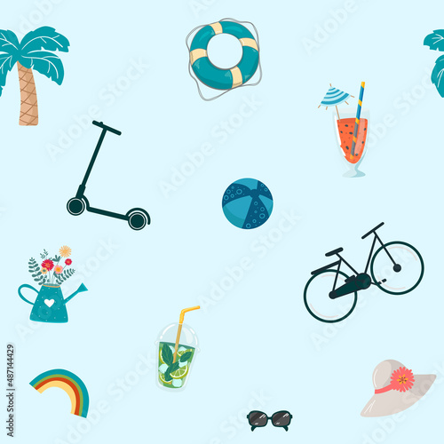 seamless summer pattern with hand drawn beach elements such as sunglasses, palm,scooter, life cycle bike, cocktail, mojito, flowers rainbow, ball, hat. Fashion print design, vector illustration