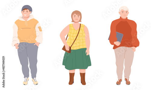 Man and Woman Character with Corpulent Body Standing Full Length Vector Illustration Set