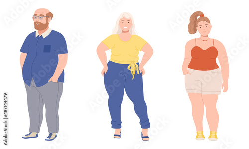 Man and Woman Character with Corpulent Body Standing Full Length Vector Illustration Set