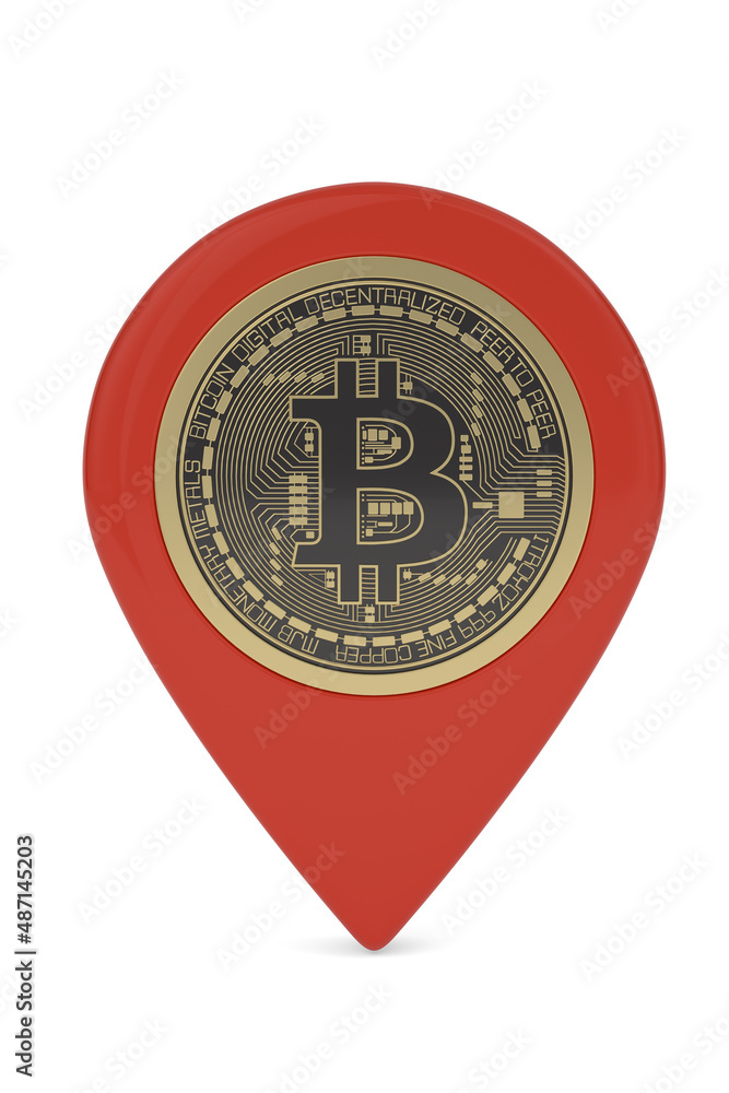 Map Pin and Bitcoin on white background. 3D illustration. Map Pin and Bitcoin on white background. 3D illustration.