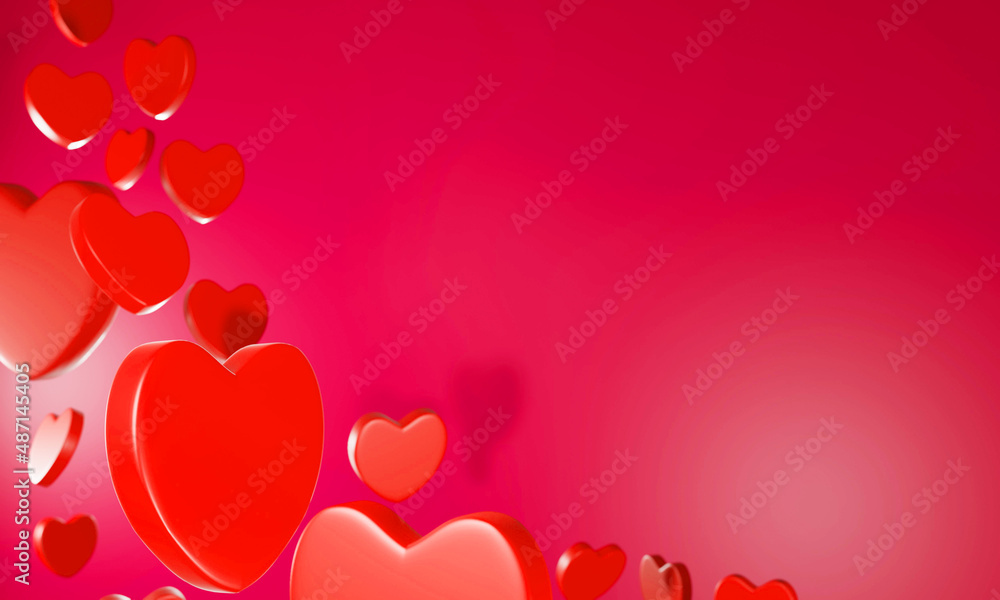 3d red hearts on red background