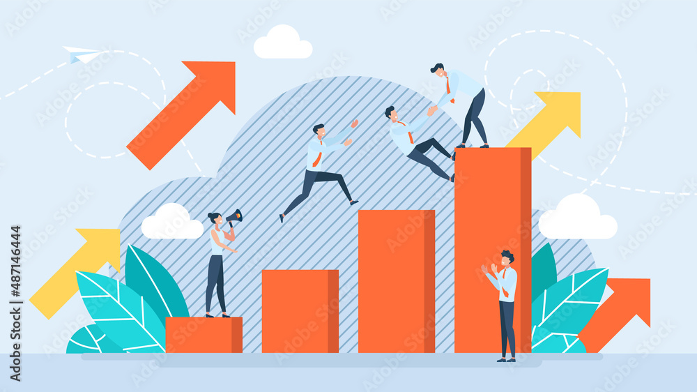Team building concept. Business illustration. Teamwork, cooperation. The leader helps the team members to succeed. The metaphor of development, presentation, teambuilding. Flat design style. Team building concept. Business illustration. Teamwork, cooperation. The leader helps the team members to succeed. The metaphor of development, presentation, teambuilding. Flat design style.