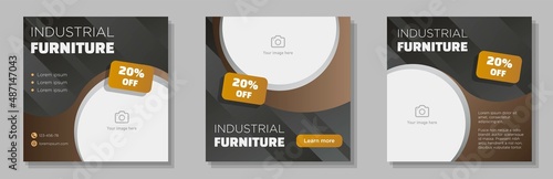 Industrial interior store social media post, square banner set, modern rustic furniture advertisement concept, vintage decoration marketing ad, modern creative flyer, isolated on background