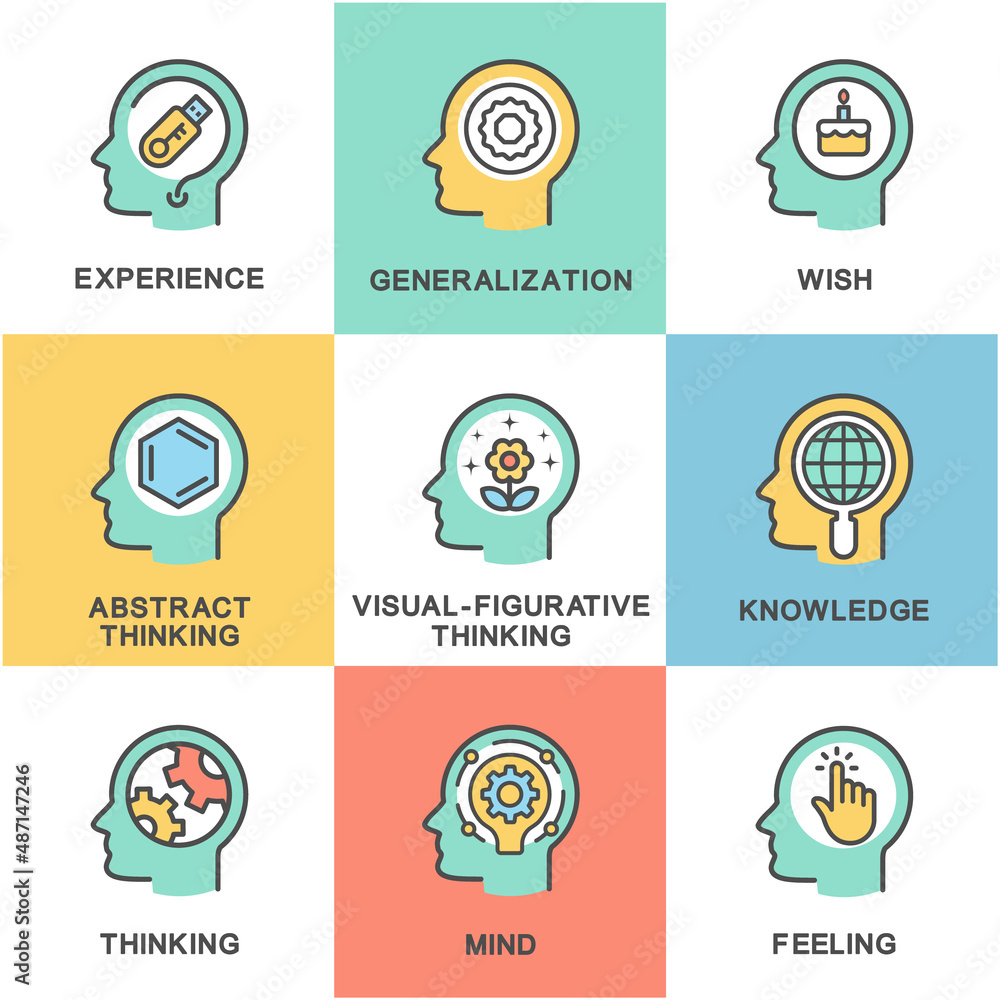 Icons set - the psychology of human thinking in the process of interaction and knowledge of the surrounding world. The thin contour lines. Icons set - the psychology of human thinking in the process of interaction and knowledge of the surrounding world. The thin contour lines.