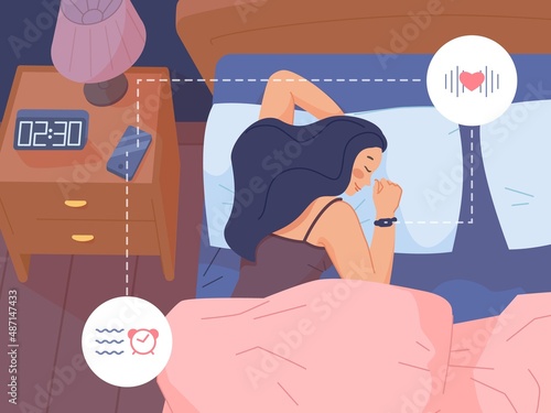 Woman sleep in gadgets. Fitness tracker mobile application, analysis heart in sleeping, sleepo girl smart watch, vector illustration