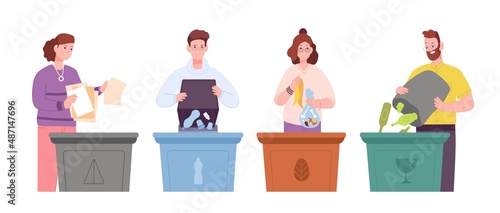People sort garbage. Recycle trash, ecology environment, collect rubbish food plastic organic paper cardboard, reuse container, dustbin litter, cartoon vector illustration