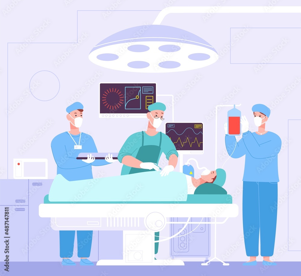 Patient on operating table. Cartoon operation theater under surgical lamp hospital, medical anesthesia, team surgeons with scalpel on plastic surgerty, splendid vector illustration