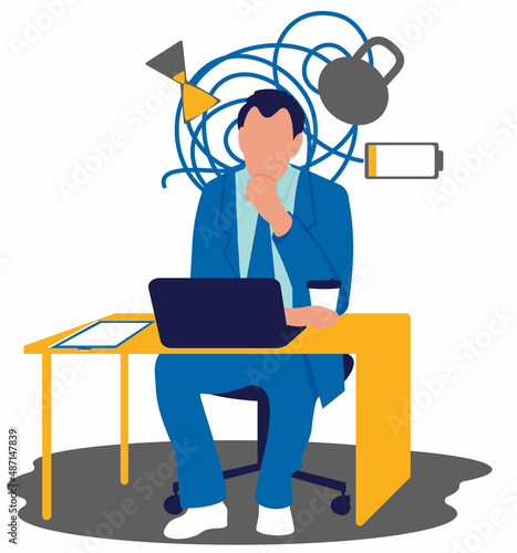 Entrepreneur man in a suit sits at a table experiencing the burden of company responsibility. Employee burnout. Flat vector illustration