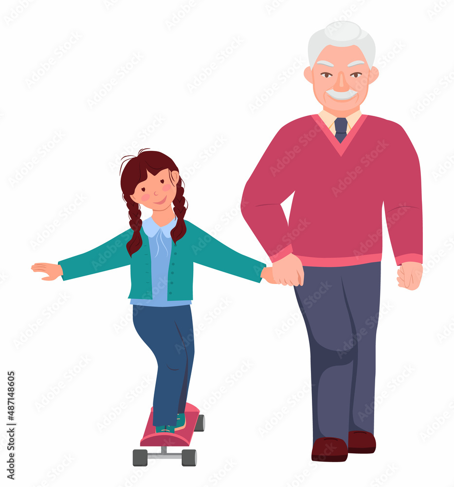 Elderly man walks with a little girl. Grandfather is holding his granddaughter's hand. Grandpa teaches the baby to ride a skateboard. Vector isolated flat illustration Elderly man walks with a little girl. Grandfather is holding his granddaughter's hand. Grandpa teaches the baby to ride a skateboard. Vector isolated flat illustration