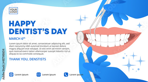 Dentists day banner design with teeth being checked