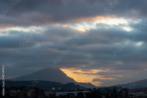 the Sainte Victoire mountain in the light of a cloudy winter morning