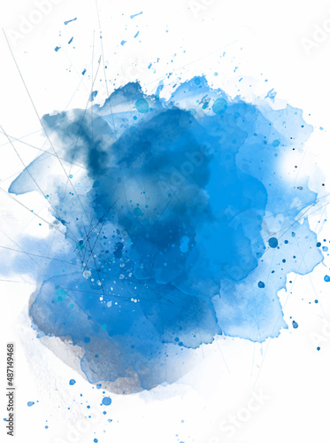 Blue Dust Explosion Isolated on White Background. Abstract hand-drawn watercolor stains background. Blue color powder explosion on white background.