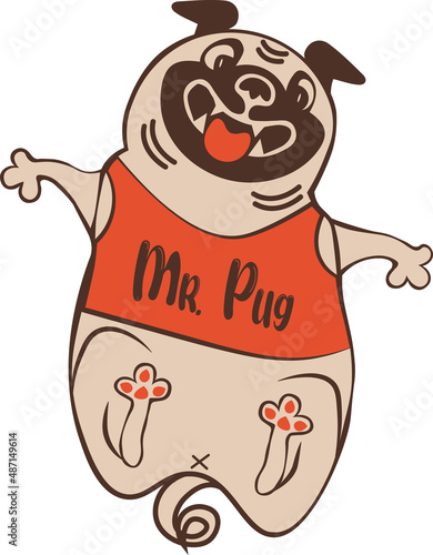 Funny animal character mister pug in red tank top