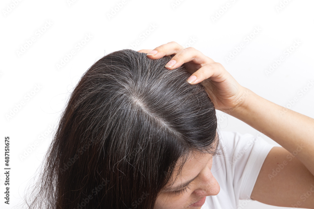 Fototapeta premium A young woman with gray hair. Early gray hair concept