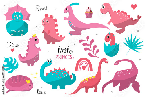 Pink dinosaur set. Cute cartoon dino girls. birthday of princess. Children s holiday background  gift wrapping  textile print