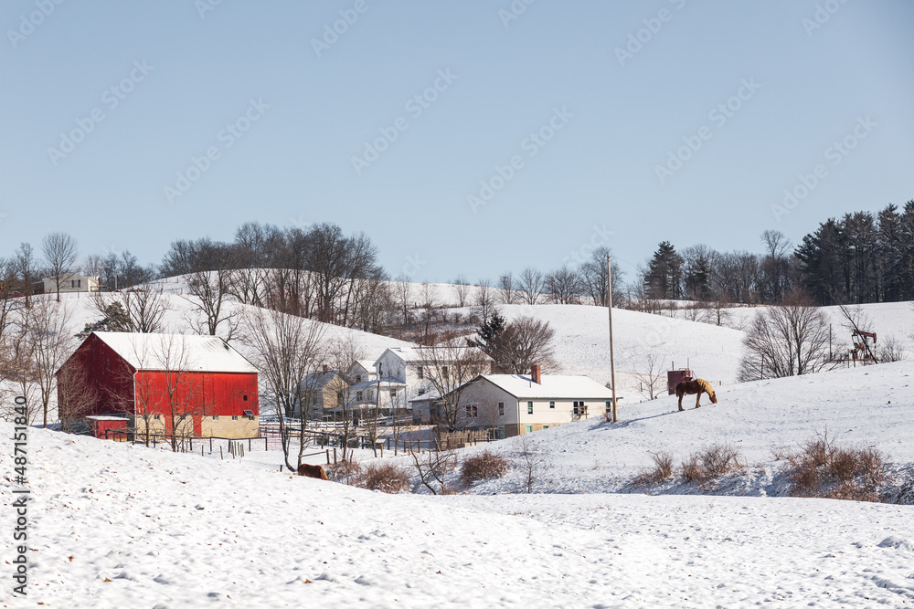 Amish Farm and Homestead in the Winter Nestled in a Small Snowy Valley