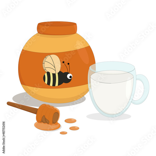 a jar of sweet bee honey with a glass mug of cold milk