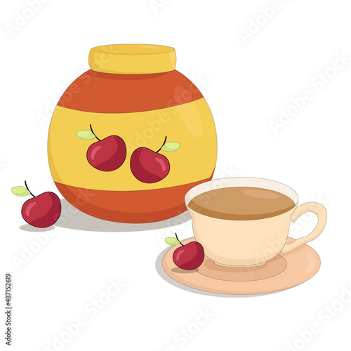 a jar of sweet cherry jam with a mug of hot tea
