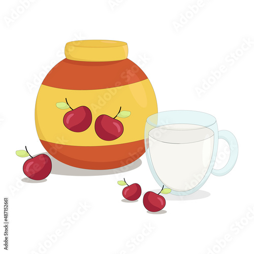 a jar of sweet cherry jam with a mug of cold milk