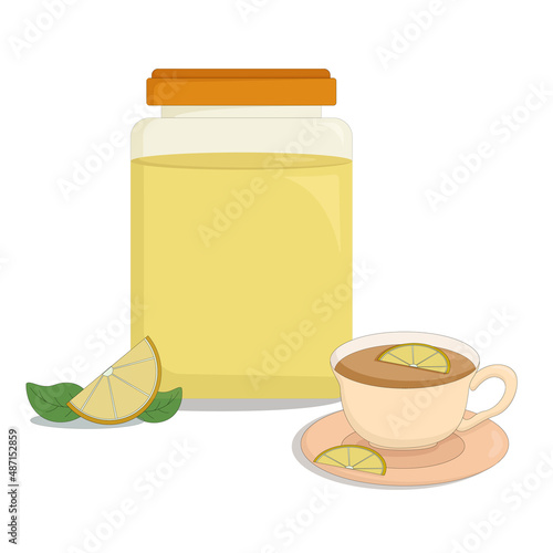 glass jar of fragrant lemon jam and fresh lemons and a mug of hot tea