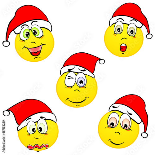 Emoji and sad New Year hat icon set. Vector illustration