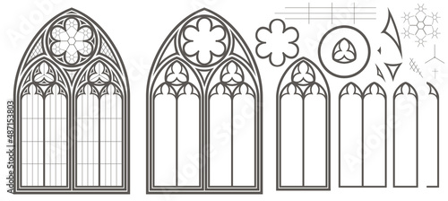 Medieval Gothic stained glass window vector set