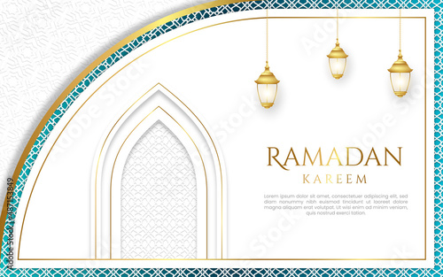 White luxury islamic background with decorative ornament pattern and lanterns Premium Vector	
