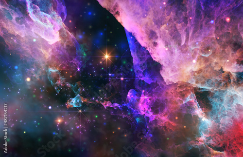 Galaxy exploration through outer space 3D rendering illustration. Colourful nebulas, galaxies and stars in deep space, glowing gases and energy
