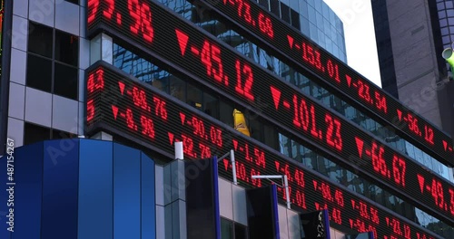 A view of a changing stock market ticker. Numbers are fictional and do not represent any particular stock. Bull and bear market concept.	