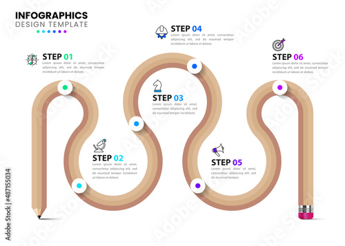 Infographic template with icons and 6 options or steps. Pencil