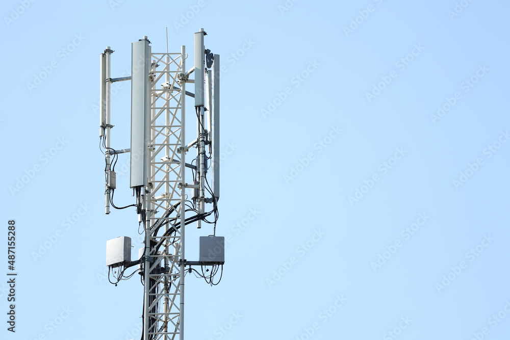 Telecommunication tower of 4G and 5G cellular. 5G radio network telecommunication equipment with radio modules and smart antennas mounted on a metal. Macro Base Station. Telecommunication tower of 4G and 5G cellular. 5G radio network telecommunication equipment with radio modules and smart antennas mounted on a metal. Macro Base Station.