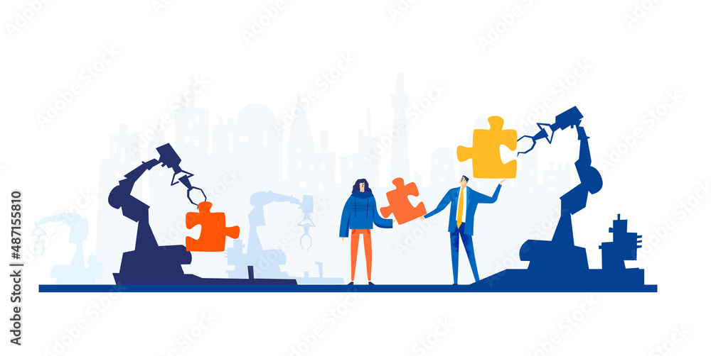 Robots Creating Stuff Robotic line. Business people and robot, people working with artificial ...