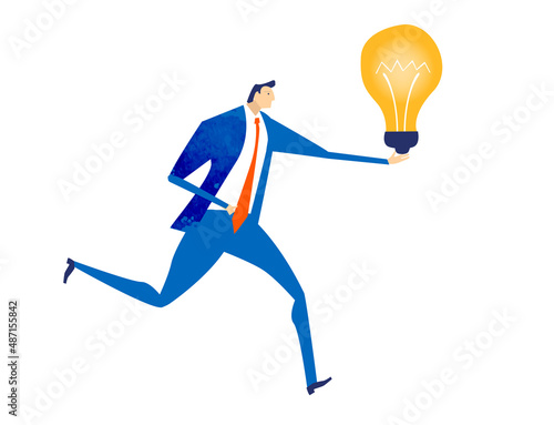 Business man running with light bulb. Business concept illustration.