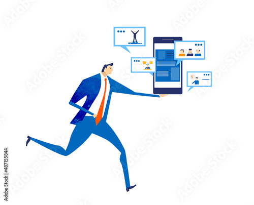 Business man running with open chat. Business concept illustration.