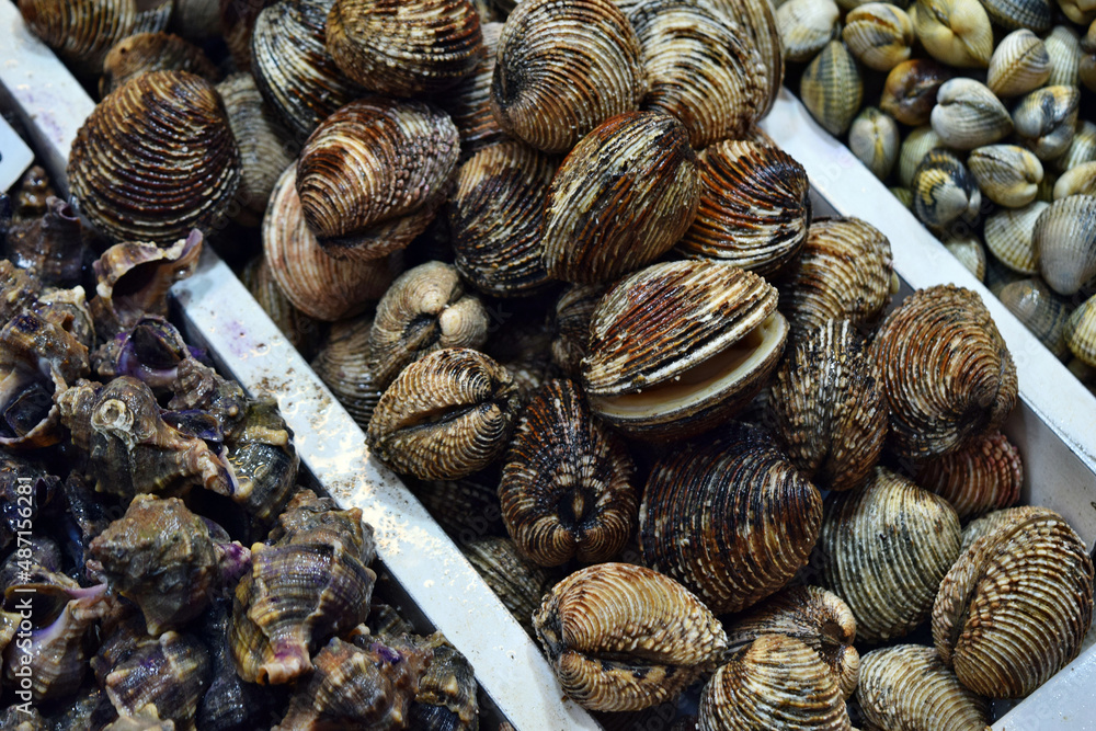 Fresh and healthy seafood for sale at a market in Spain Fresh and healthy seafood for sale at a market in Spain