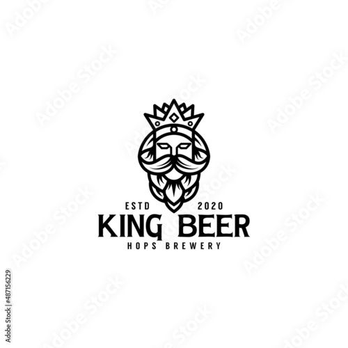 the best king beer logo design, king with hops logo concept, Mustache Face beard with hops logo design, black and white logo, brewery, modern vector template