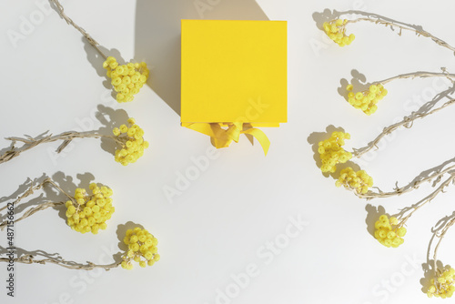 Bright yellow gift box with ribbon bow and Yellow flowers of immortelle on white background top view copy space. Birthday present, March 8, Mothers Day, Valentines Day, Easter or spring concept. photo