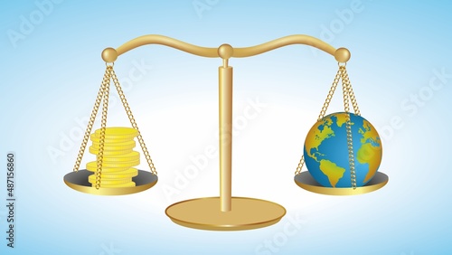 Economy versus planet Earth. Golden scale with money on one side and planet Earth on the other. The illustration can be found with other side of planet on top. Dimension 16:9. EPS10.
