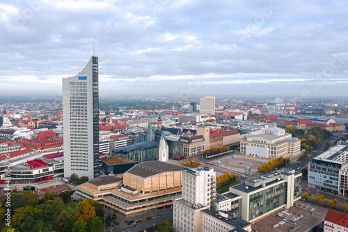 Cityscape of Leipzig  Saxony  Germany . Aerial view over Augustusplatz