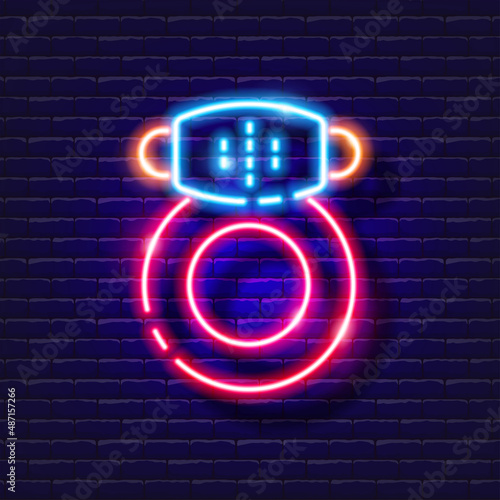 Penis ring with vibration neon icon. Sex shop concept. Toys for adults. Gadgets for love. Vector sign for design, website, signboard, banner, advertisement.