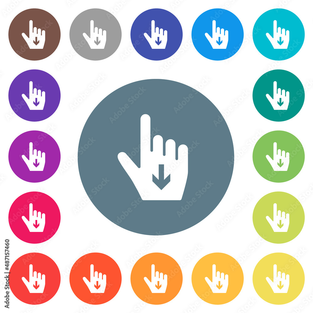 Hand cursor down solid flat white icons on round color backgrounds Hand cursor down solid flat white icons on round color backgrounds