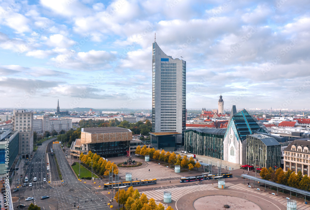 Cityscape of Leipzig (Saxony, Germany). Aerial view over Augustusplatz