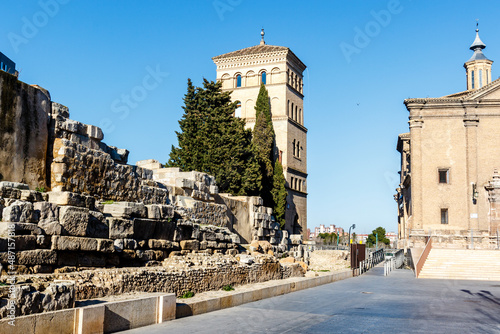 Roman Walls of Zaragoza, Zuda Tower and the church of San Juan de los Panete, Zaragoza, Aragon, Spain, Europe