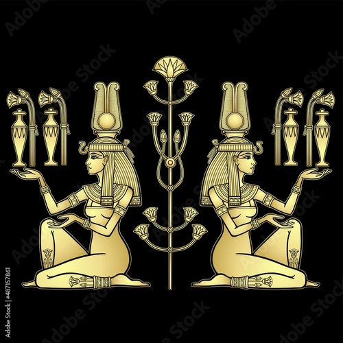Animation drawing: two Egyptian girls sit at sacred tree and hold gifts in their hands. Priestess, goddess, princess. Imitation of gold. Vector illustration isolated on a black background. 