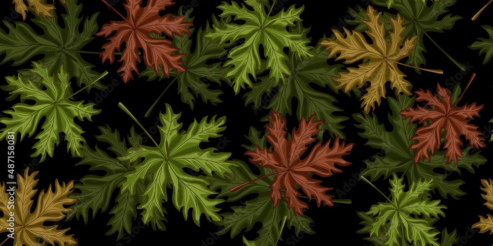 Leaf seamless pattern on black background. Retro tropical plants in engraving style.
