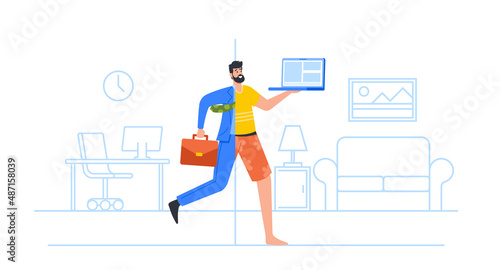 Businessman Wear Hybrid Clothes Half Formal Suit and Domestic Dressing Run with Laptop in Hands, Man Work at Home