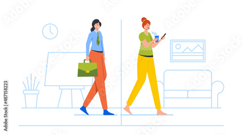 Female Character Hybrid Work, Woman at Separated Area Office and Home Interior Wear Formal Suit and Domestic Clothes