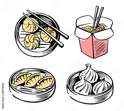 Dim sum and china food noodles box sketch.